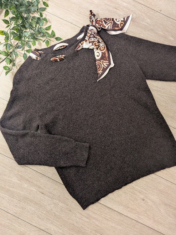 Pull col foulard colorie marron photo a plat