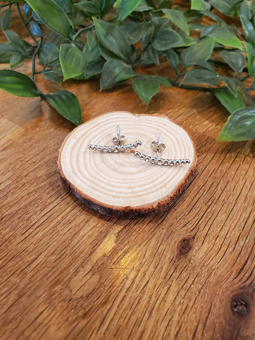 Boucle d'oreille barre strassé. colorie argent