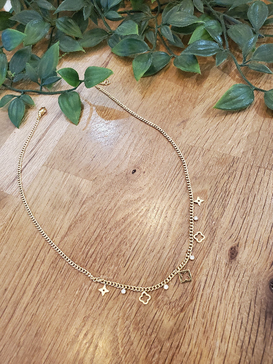 Collier LV pampilles trèfles et strass. Colorie Or.