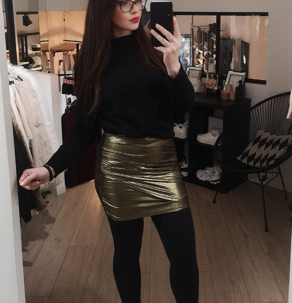 mini-jupe- lurex- doré- argenter- drapé-devant