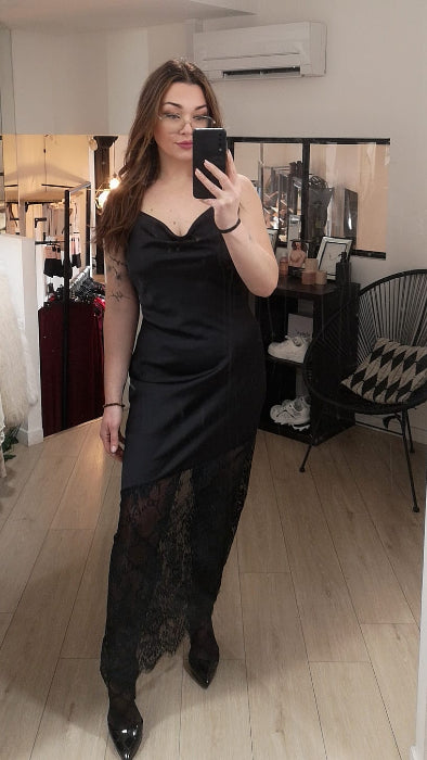 robe- soirée- satin-dentelle-noir- vêtement- femme- mode-boutique-shopping- mc2-enghien les bains-