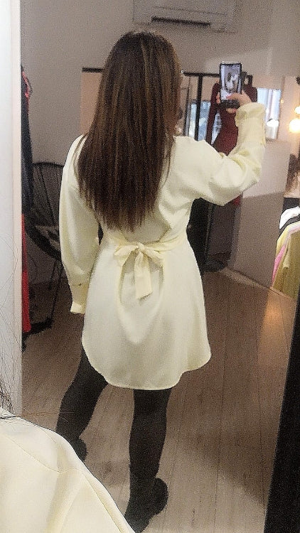 Robe chemise cintré a la taille. Photo porté dos. colorie jaune. 