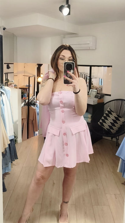 ensemble veste et robe bustier . photo porté colorie rose.