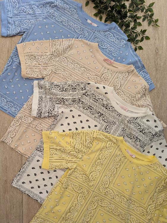 T-shirt imprimé bandana colorie bleu ciel, beige , blanc et jaune. Photo a plat. 