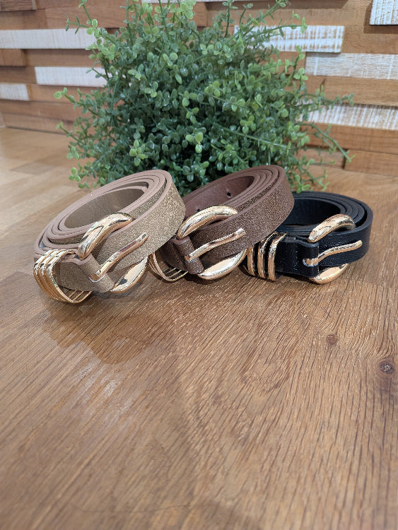 ceintures fine boucle doré colorie taupe, marron et noir