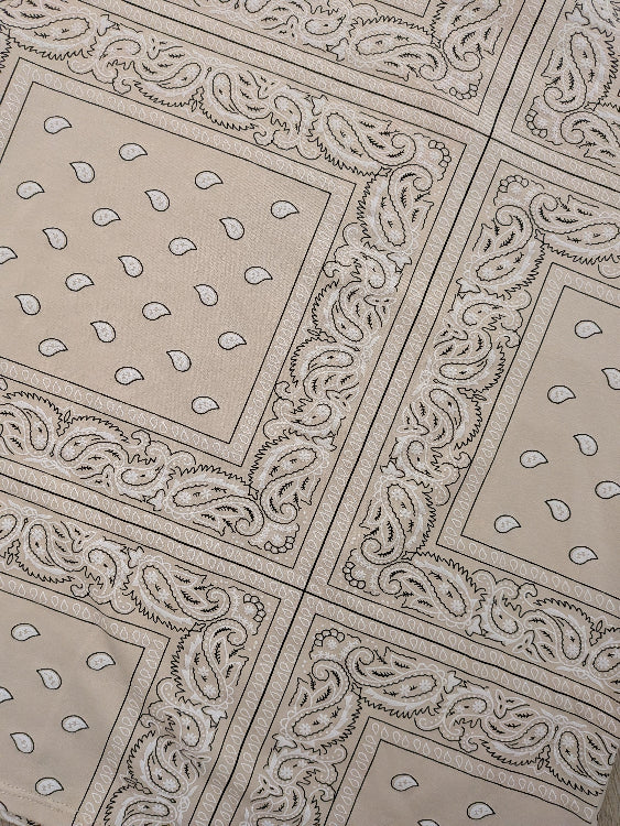 T-shirt imprimé bandana colorie  beige . Photo détail motif. 