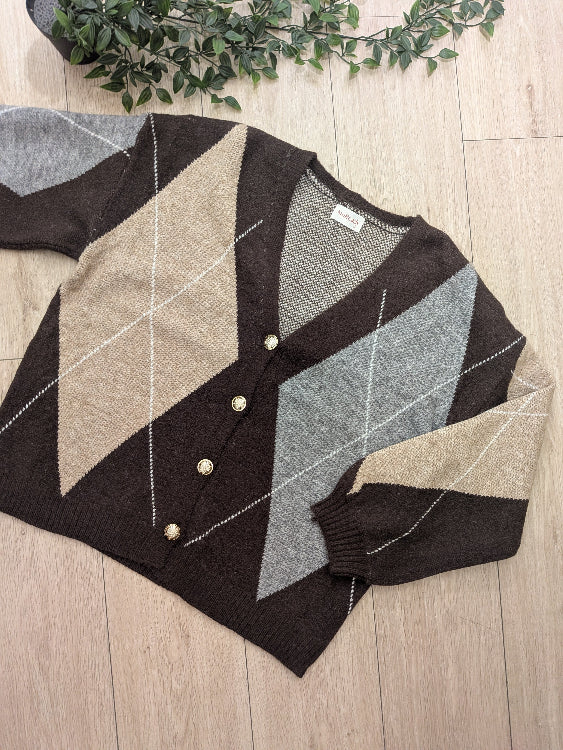 Gilet jacquard a losange . photo a plat colorie marron. 