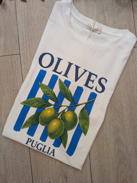 T-shirt imprimé olive photo plié. 