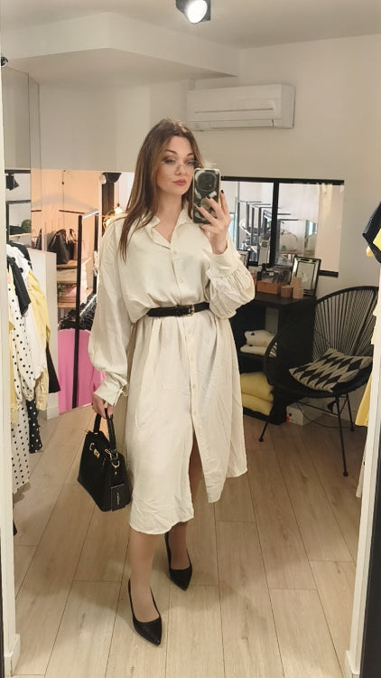 Ensemble chemise longues pantalon tissus effet lin. Photo chemise porté en robe avec ceinture. colorie beige. 