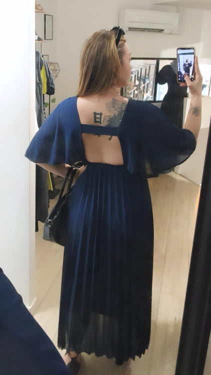 Robe longue en voile bleu marine . photo porté. 