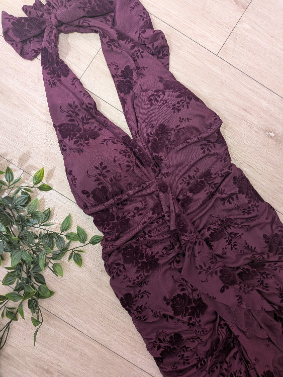 Robe de soirée en voile flocké velours. colorie Bordeau 