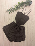 Ensemble top smocké + jupe short. photo a plat colorie marron 