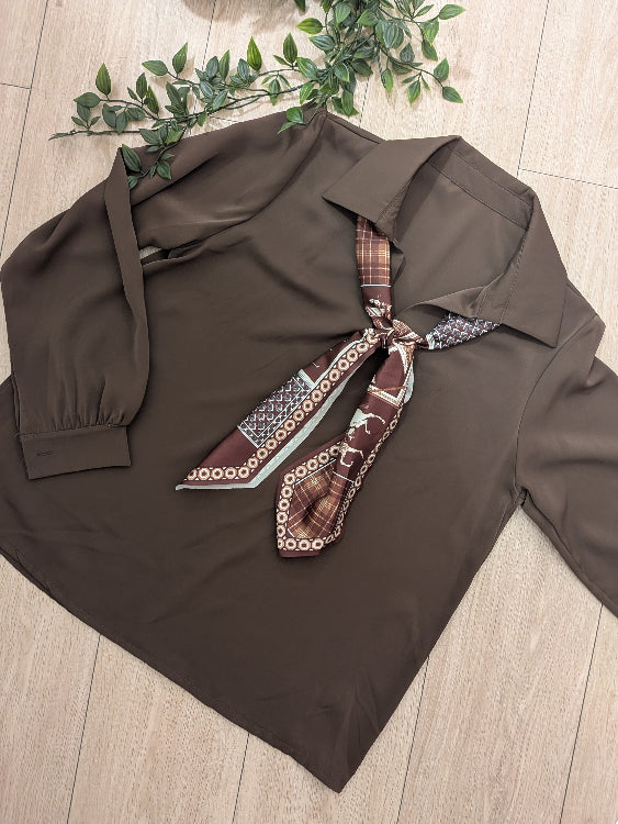 Chemisier cravate foulard. colorie marron. 