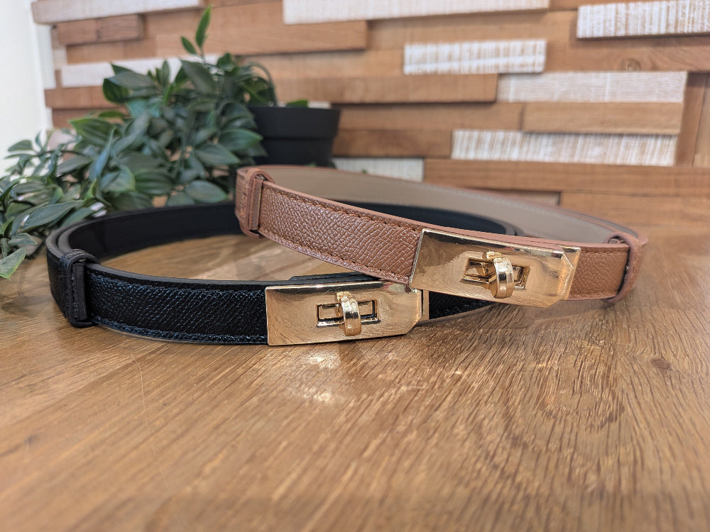 Ceinture fine fermoir métal, Colorie noir et camel