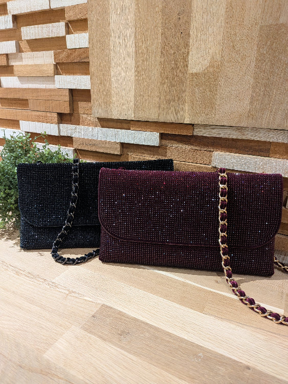 Pochette en velours strassé colorie bordeaux et noir