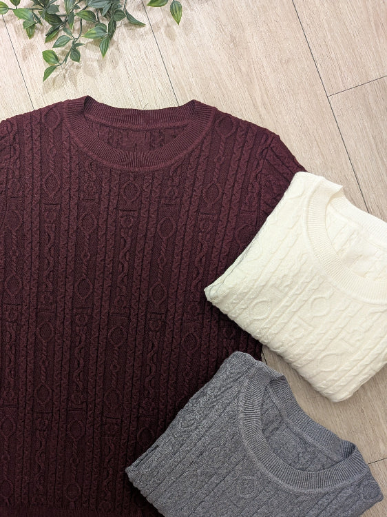 Pull fin torsade manches courtes colorie Bordeau écru et gris