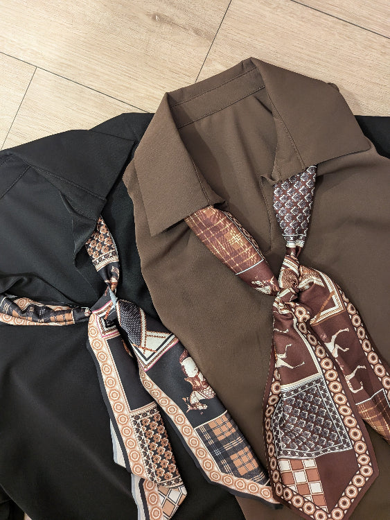 Chemisier cravate foulard. colorie noir et marron. 